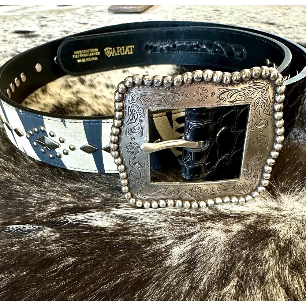 Ariat Genuine Leather Belt Women's Limited Edition Buckle 2007 Zebra Studs Sz 38